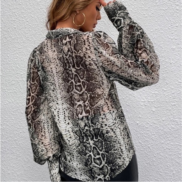 Snakeskin Print Cuffed Long Sleeve Sheer Top Blouse Button Down Shirt - Picture 2 of 12
